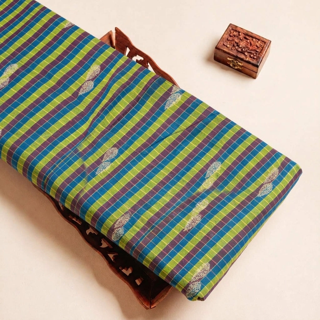 Folded Green Checked Chanderi Fabric Highlighting Stripes and Texture