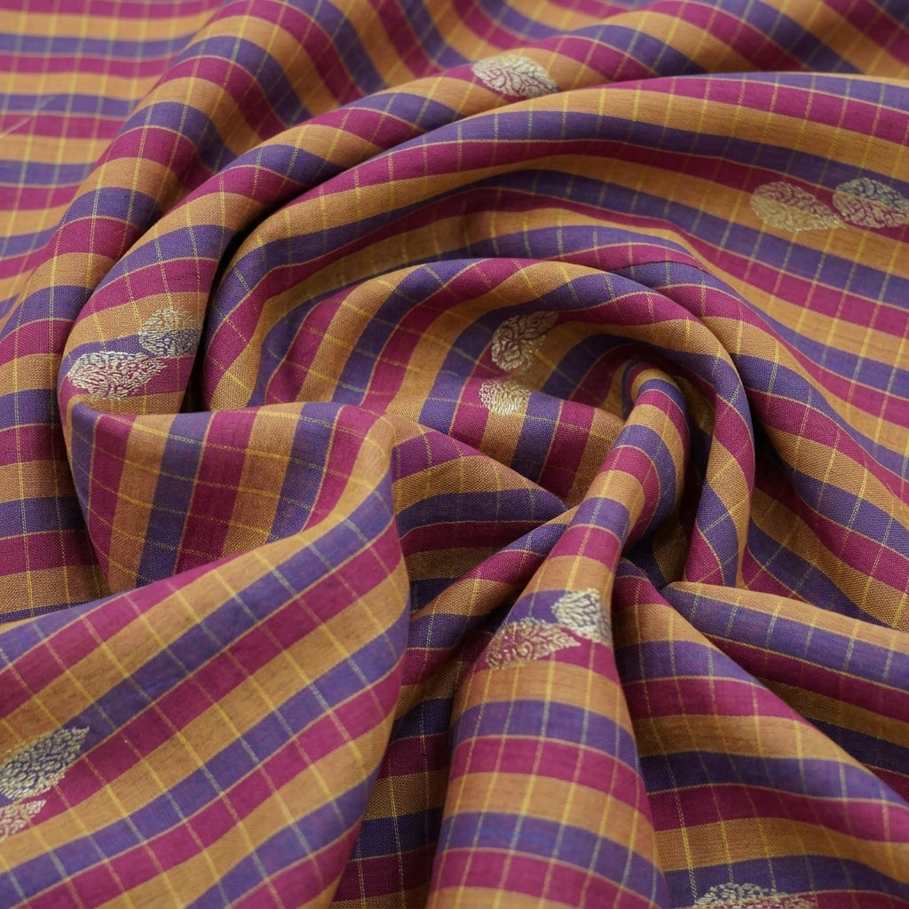 Swirled Checked Pink Checked Chanderi Fabric