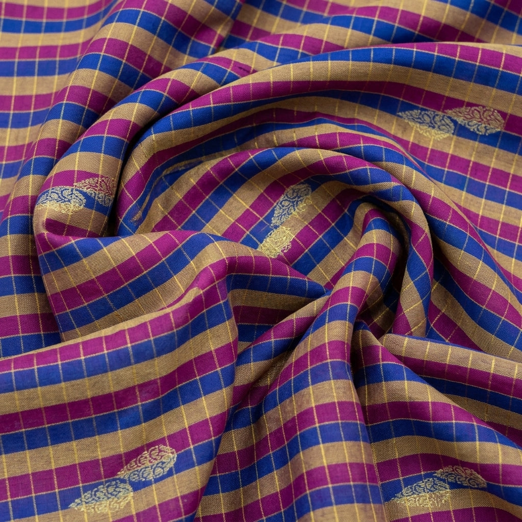 Swirled Checked Purple Checked Chanderi Fabric