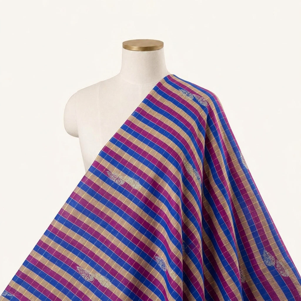 Checked Purple Checked Chanderi Fabric Draped as a saree