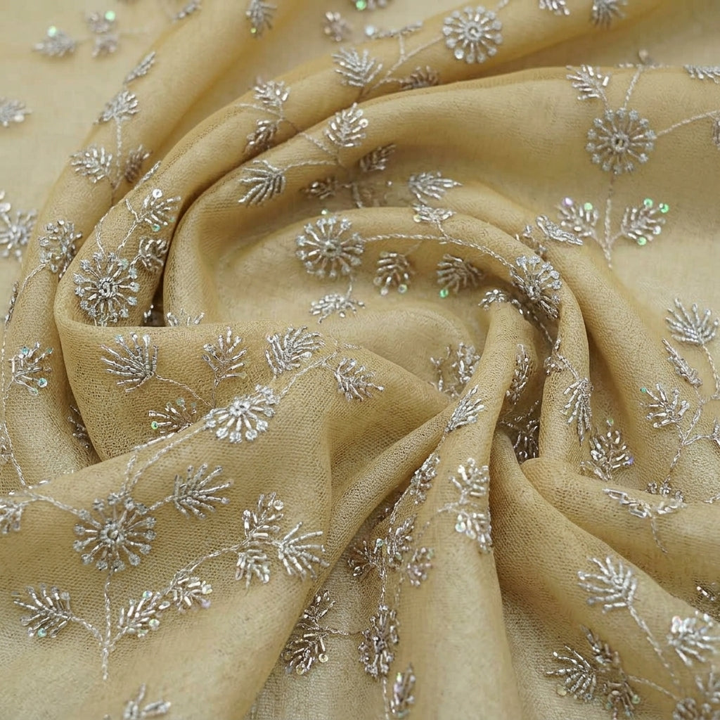 Swirled Embroidery Mustard Yellow Embroidery Net Fabric