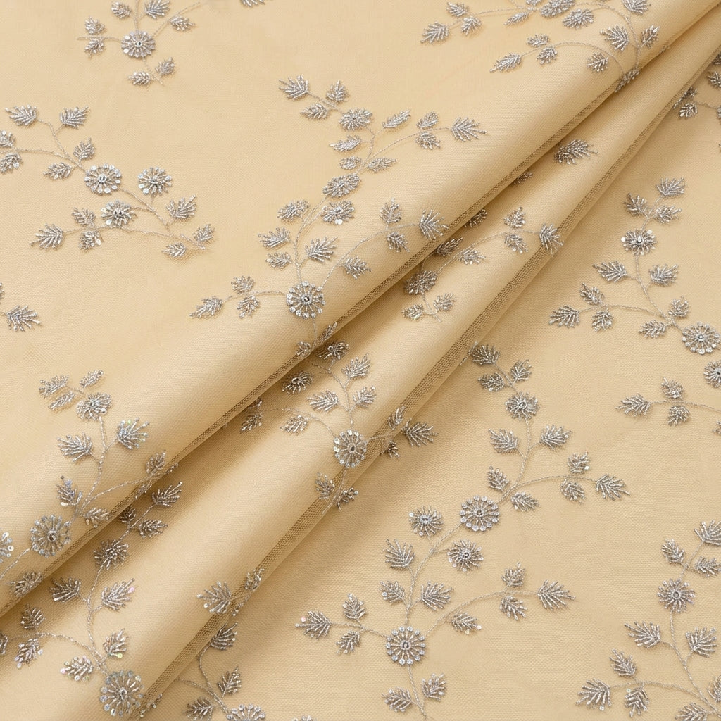 Folded Embroidery Mustard Yellow Embroidery Net Fabric
