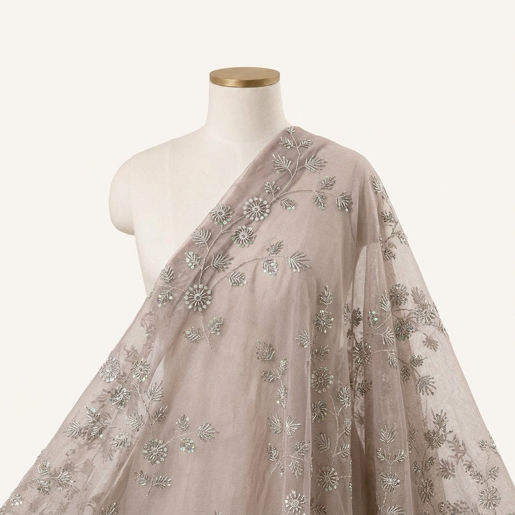 Embroidery Brown Embroidery Net Fabric Draped as a saree
