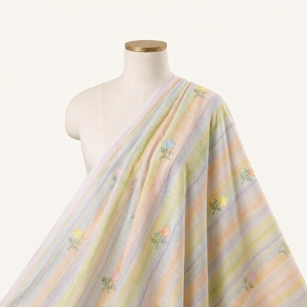 Embroidery Yellow Embroidery Linen Fabric Draped as a saree