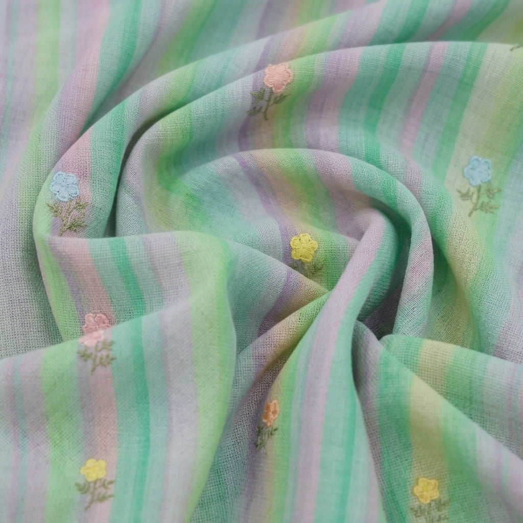 Swirled Embroidery Green Embroidery Linen Fabric