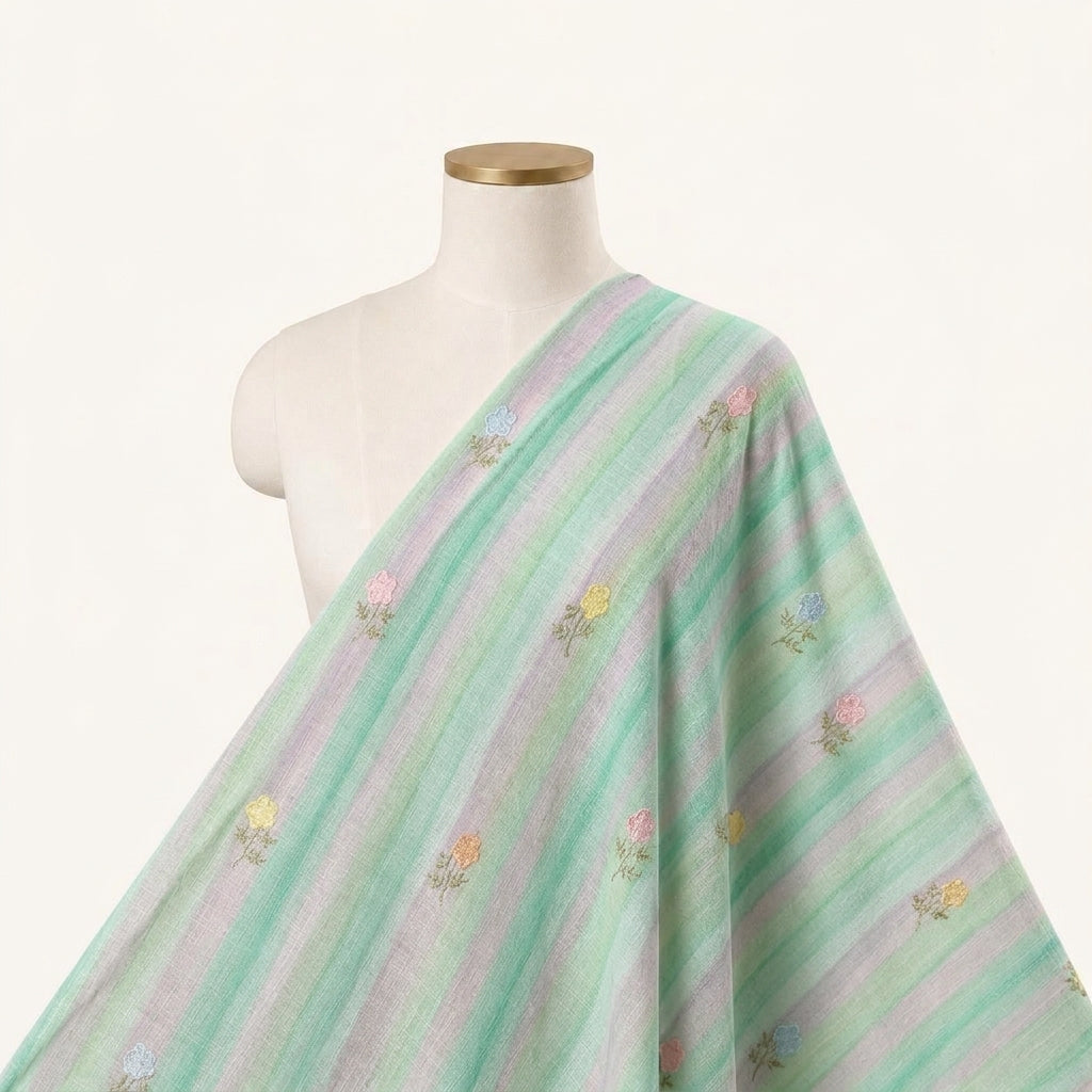Embroidery Green Embroidery Linen Fabric Draped as a saree