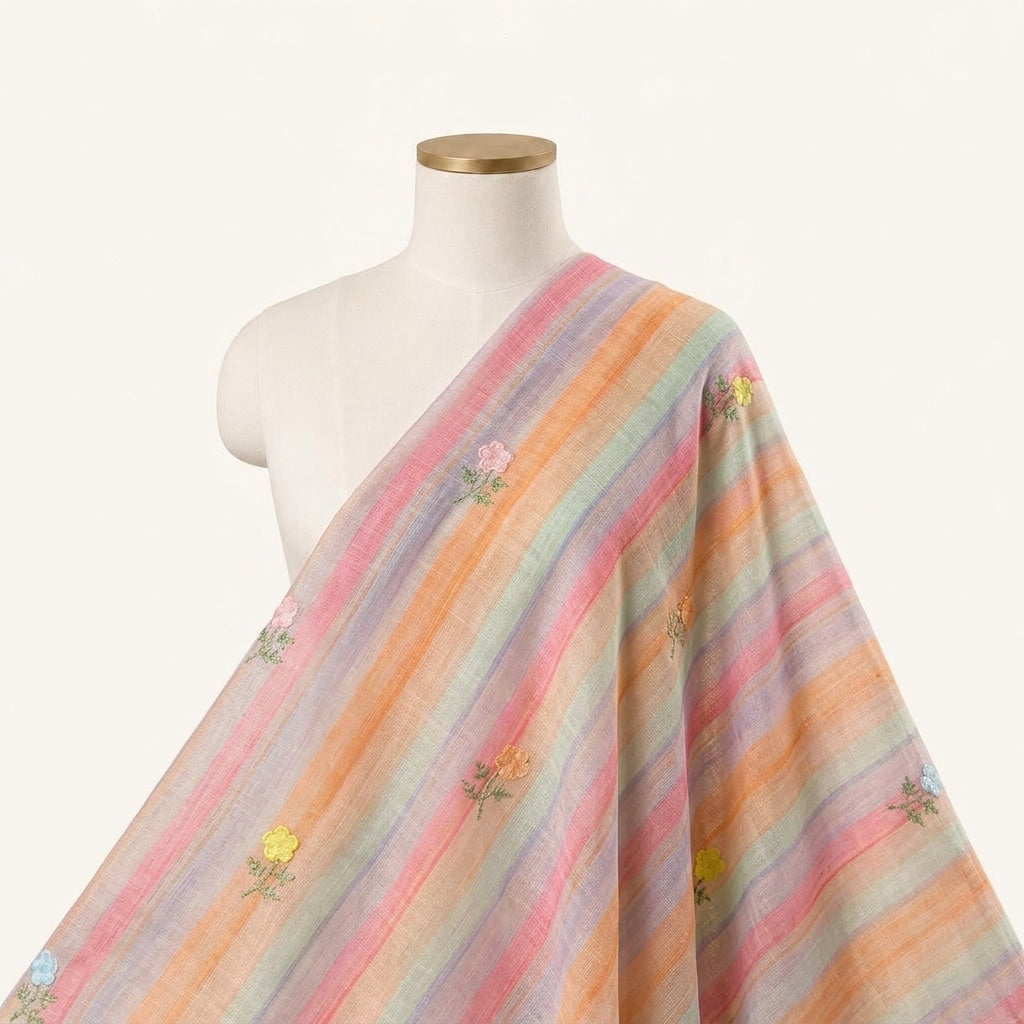 Embroidery Pink Embroidery Linen Fabric Draped as a saree