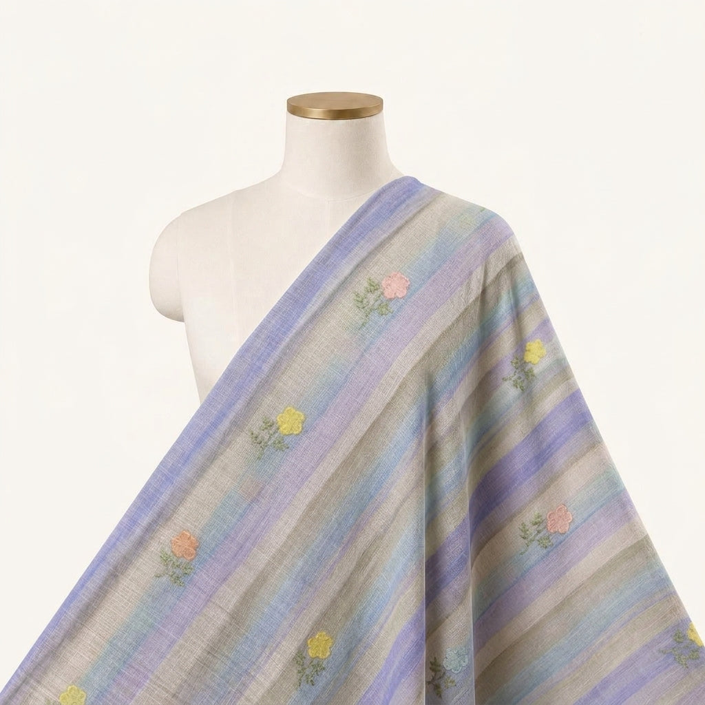 Embroidery Violet Embroidery Linen Fabric Draped as a saree