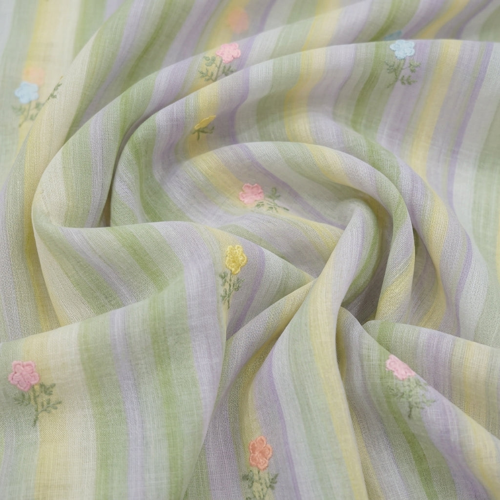 Swirled Embroidery Mint Green Embroidery Linen Fabric