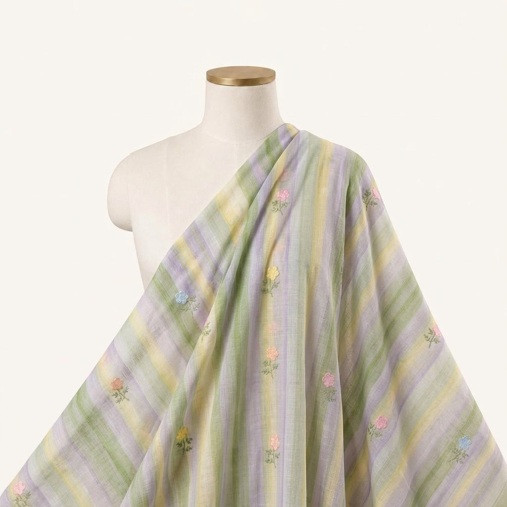 Embroidery Mint Green Embroidery Linen Fabric Draped as a saree