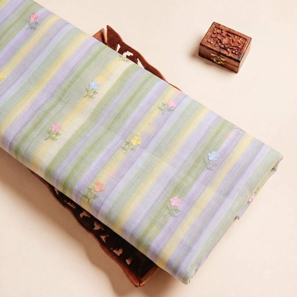 Folded Mint Green Embroidery Linen Fabric Highlighting Floral Thread work and Texture