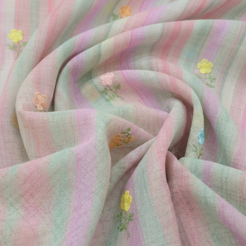 Swirled Embroidery Pink Embroidery Linen Fabric
