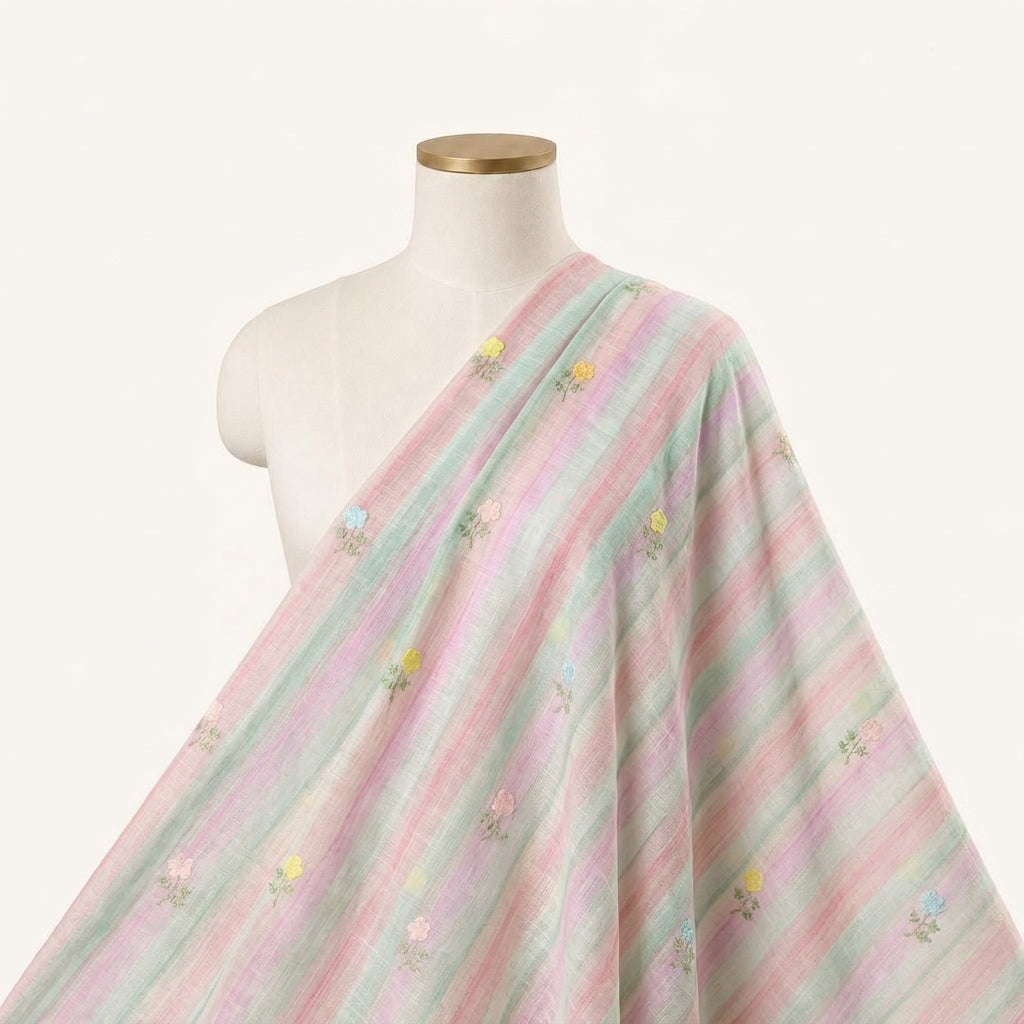 Embroidery Pink Embroidery Linen Fabric Draped as a saree