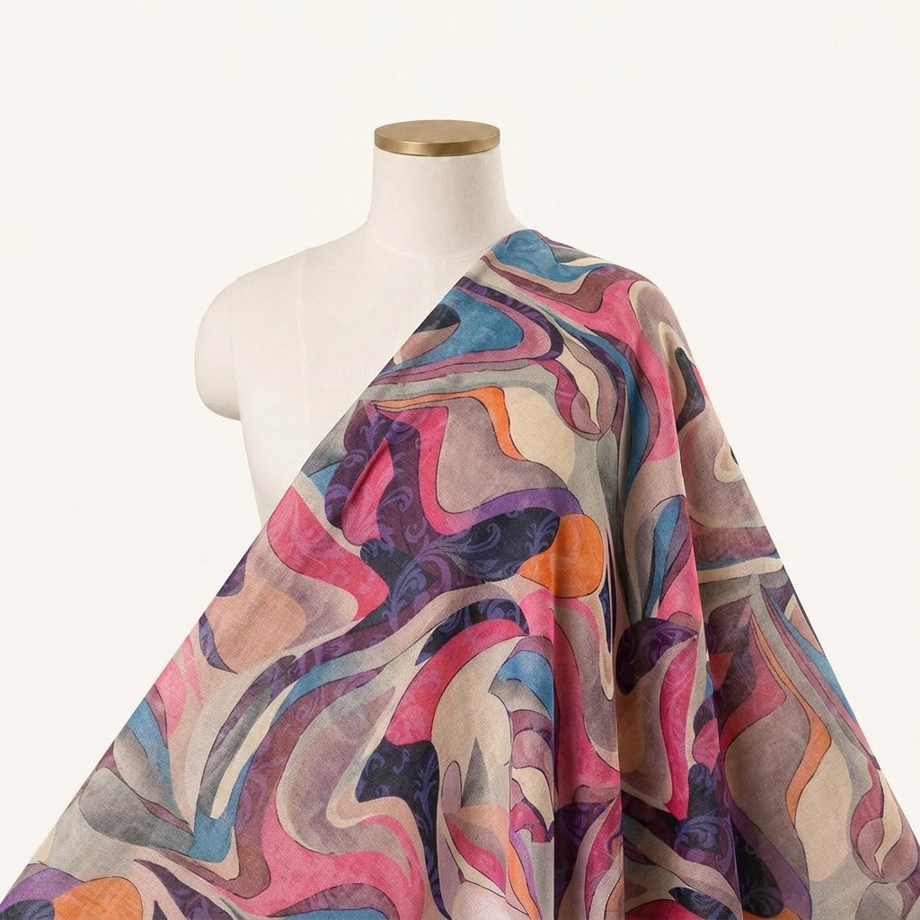 Abstract Pink Abstract Linen Fabric Draped as a saree