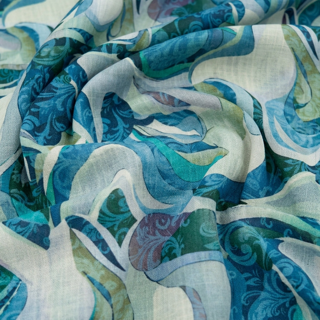 Swirled Abstract Blue Abstract Linen Fabric