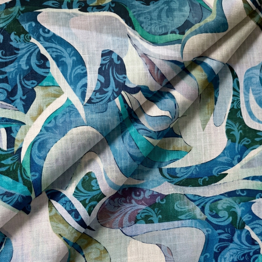 Folded Abstract Blue Abstract Linen Fabric