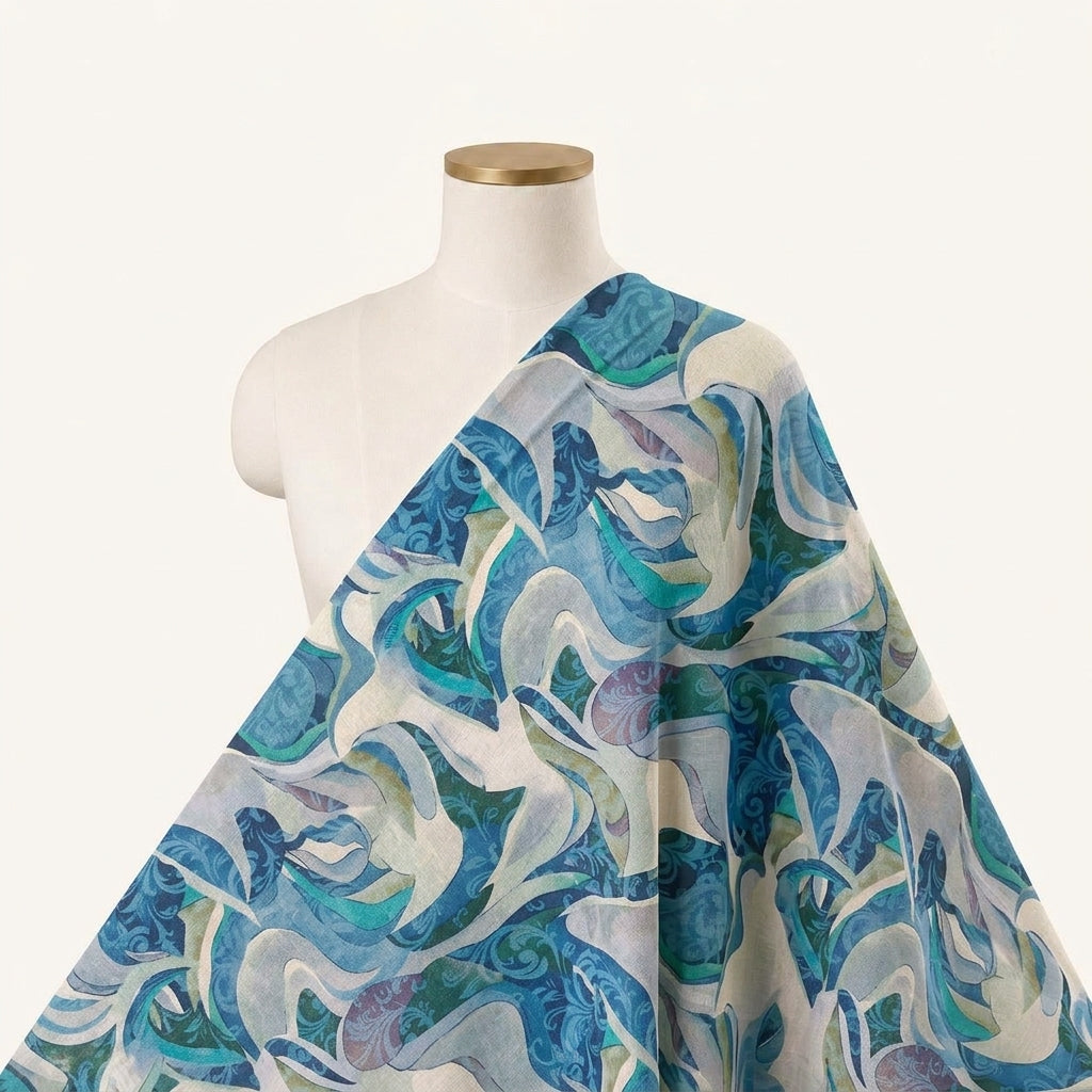 Abstract Blue Abstract Linen Fabric Draped as a saree