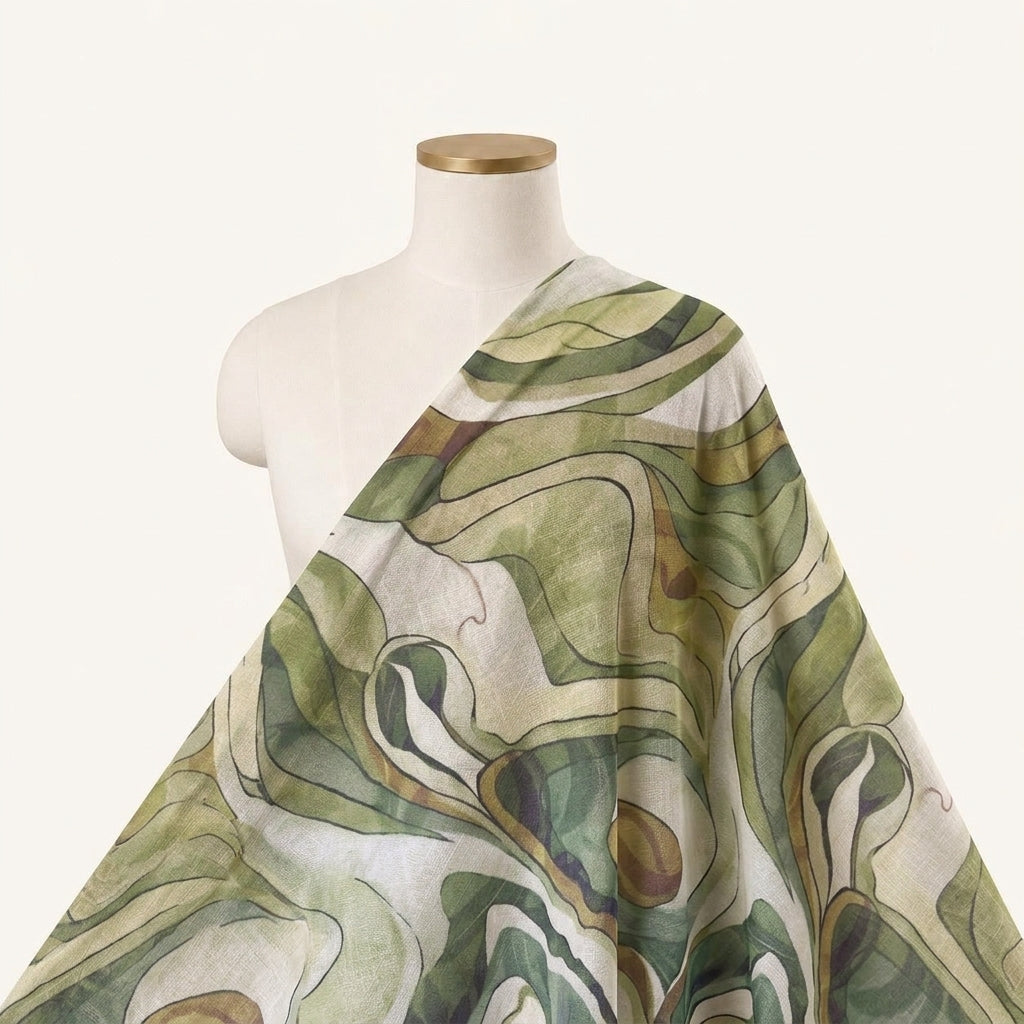 Abstract Green Abstract Linen Fabric Draped as a saree
