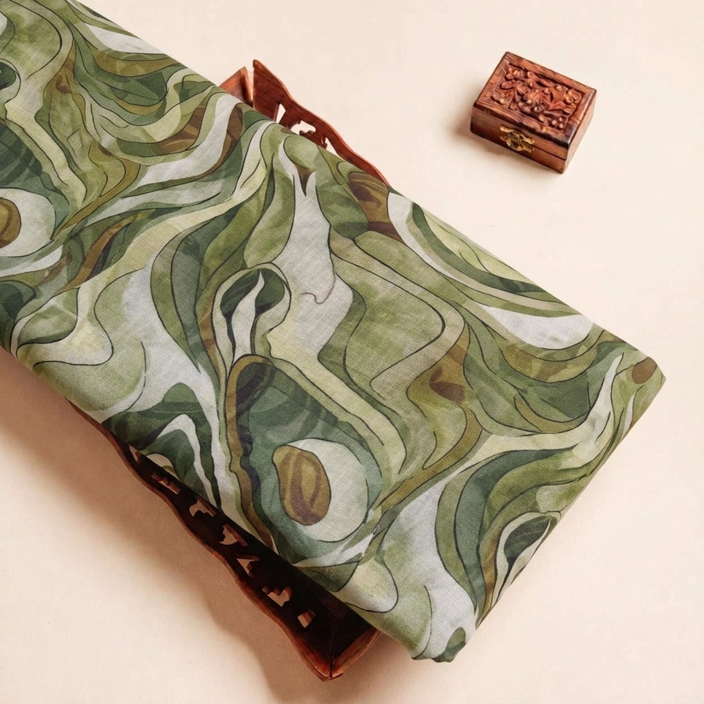 Folded Green Abstract Linen Fabric Highlighting and Texture