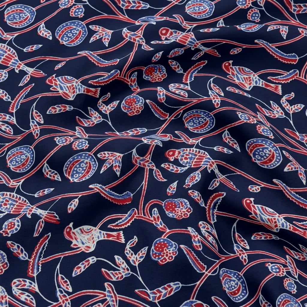 Swirled Ajrakh Blue Ajrakh Modal Silk Fabric