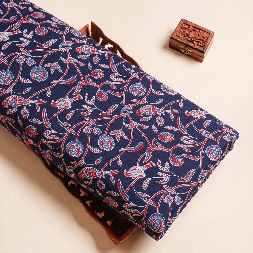Folded Blue Ajrakh Modal Silk Fabric Highlighting Block Print and Texture
