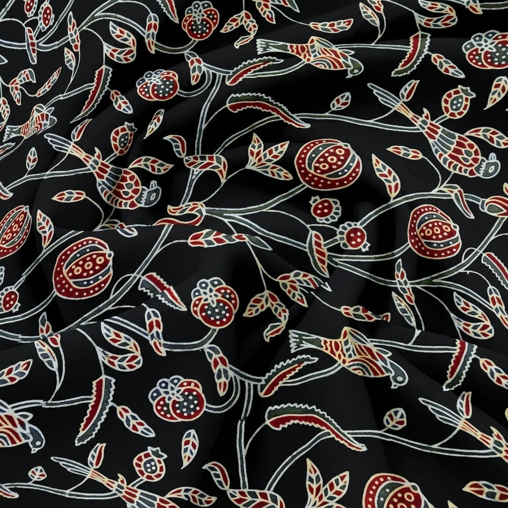 Swirled Ajrakh Black Ajrakh Modal Silk Fabric