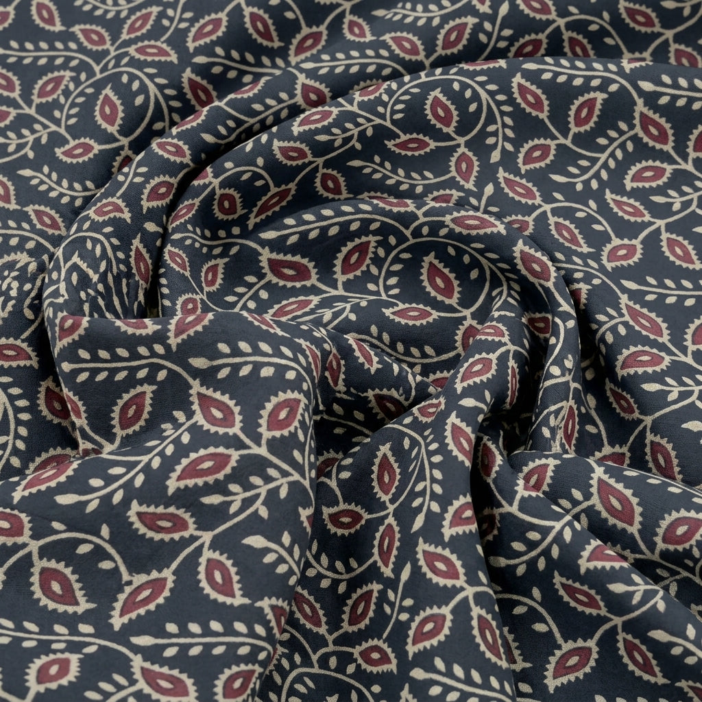 Swirled Ajrakh Black Ajrakh Modal Silk Fabric