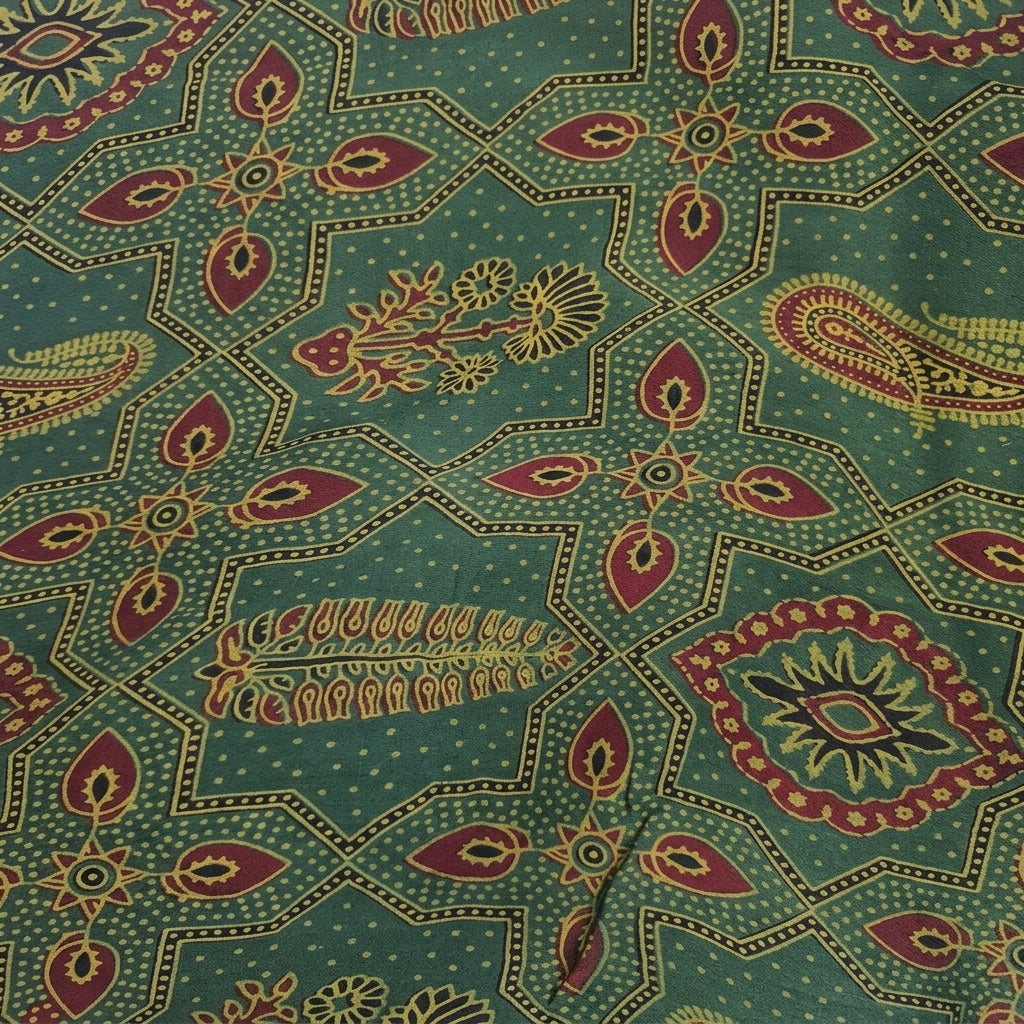 Swirled Ajrakh Green Ajrakh Modal Silk Fabric