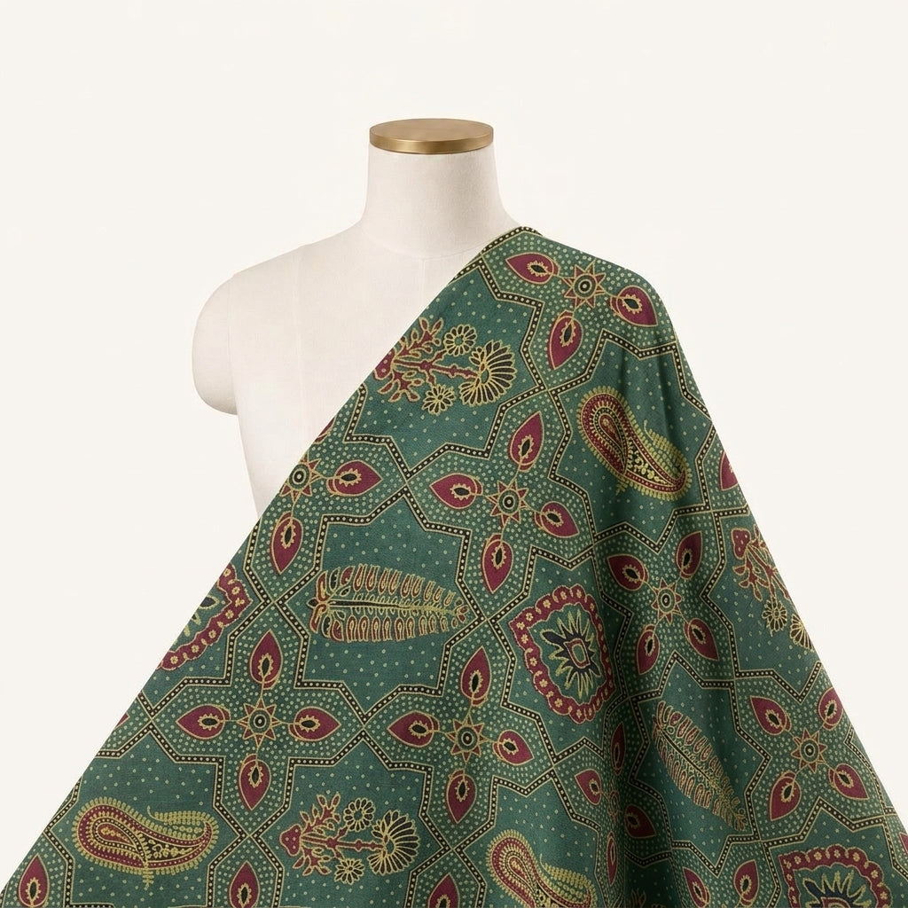 Ajrakh Green Ajrakh Modal Silk Fabric Draped as a saree
