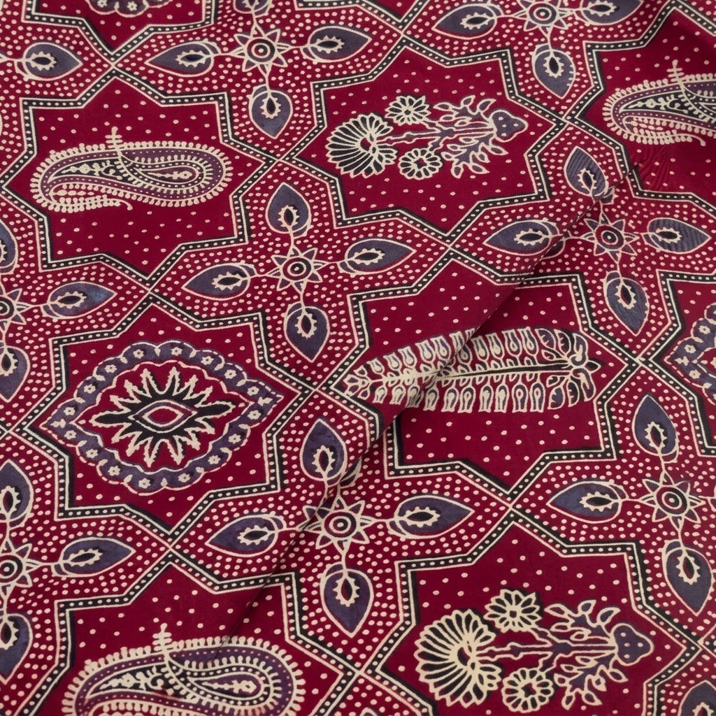 Folded Ajrakh Maroon Ajrakh Modal Silk Fabric