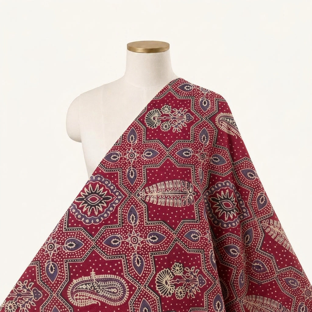 Ajrakh Maroon Ajrakh Modal Silk Fabric Draped as a saree