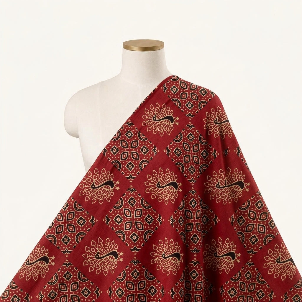 Ajrakh Red Ajrakh Modal Silk Fabric Draped as a saree