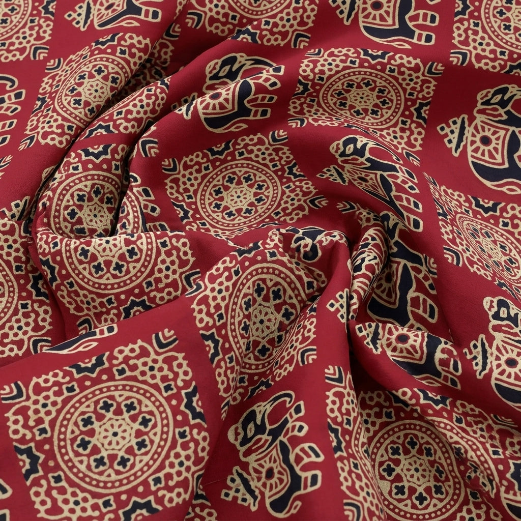 Swirled Ajrakh Red Ajrakh Modal Silk Fabric