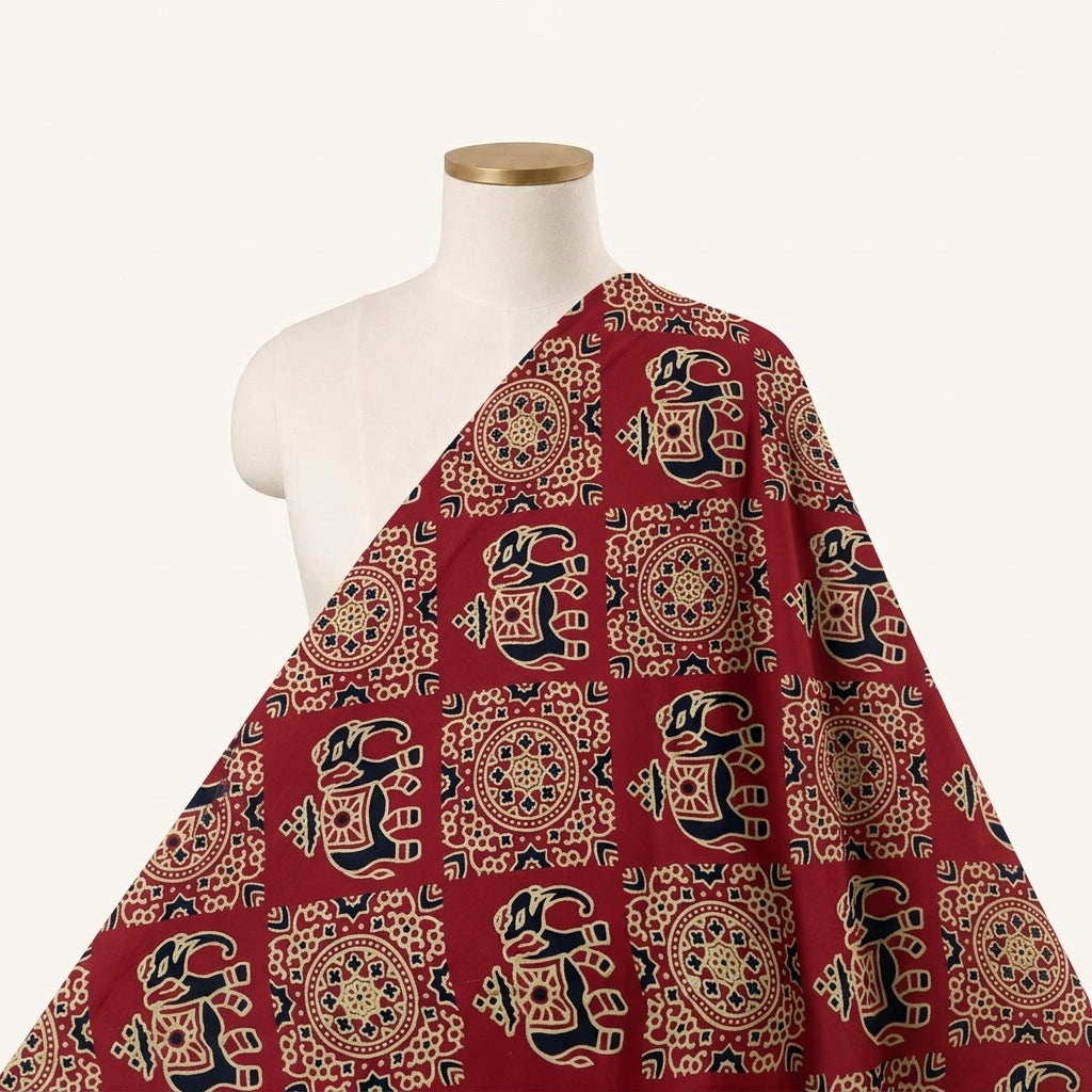 Ajrakh Red Ajrakh Modal Silk Fabric Draped as a saree