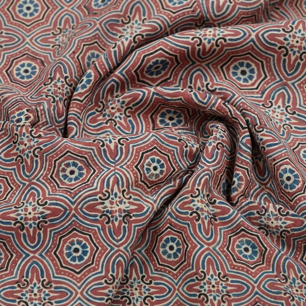 Swirled Ajrakh Maroon Ajrakh Modal Silk Fabric