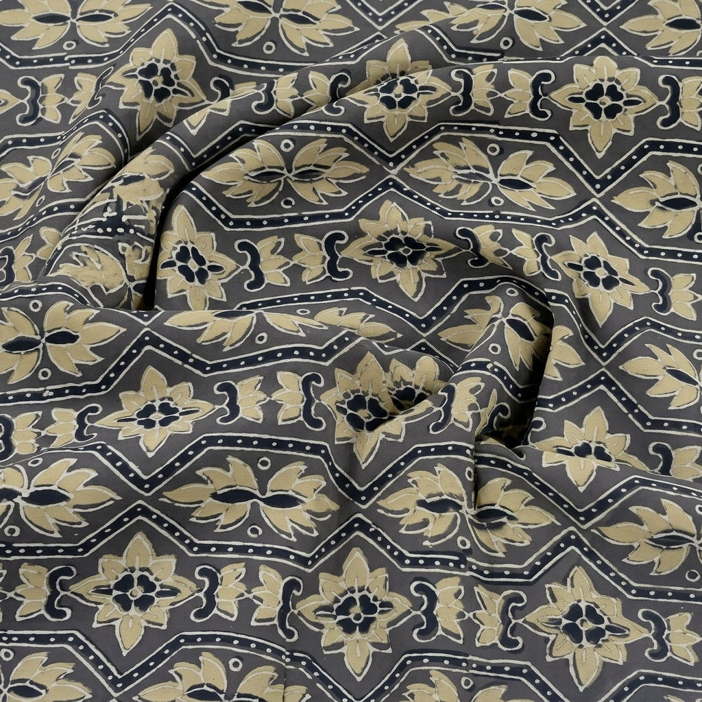 Swirled Ajrakh Grey Ajrakh Modal Silk Fabric
