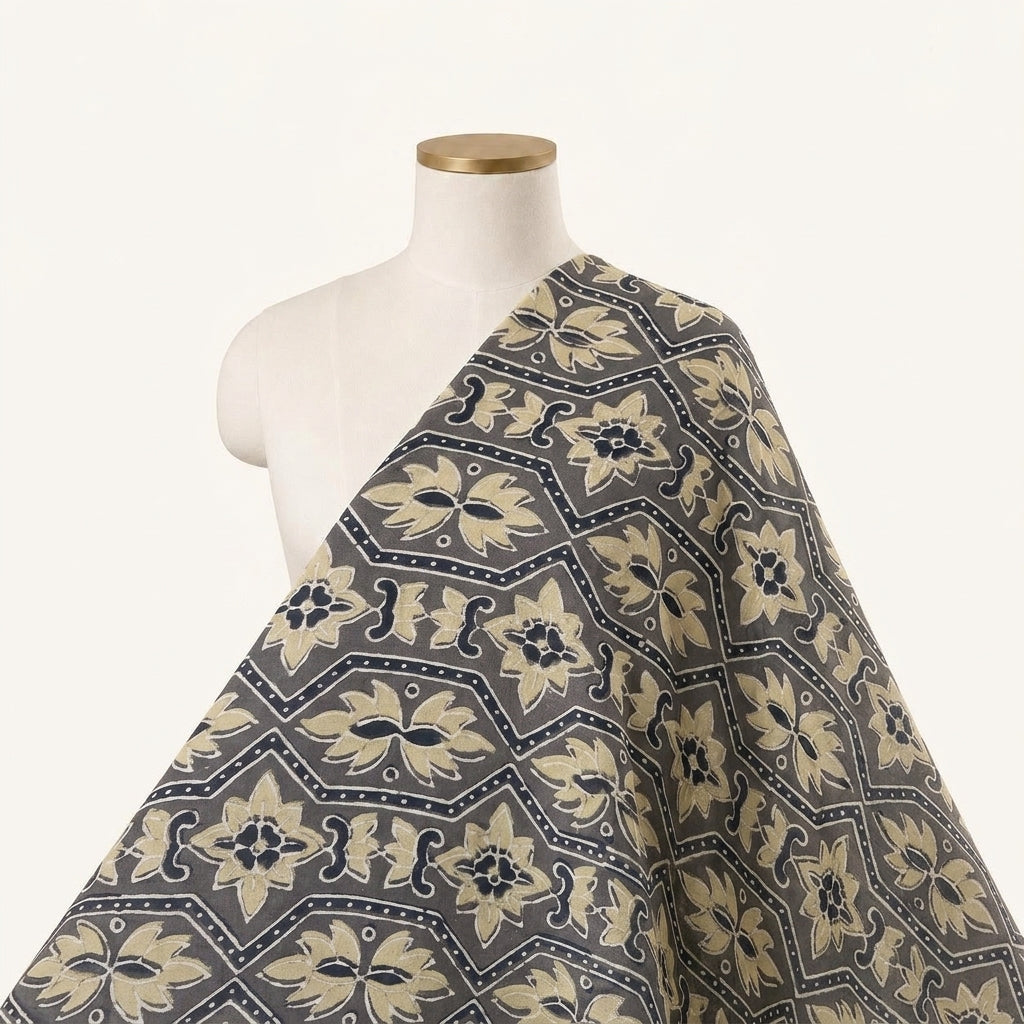 Ajrakh Grey Ajrakh Modal Silk Fabric Draped as a saree