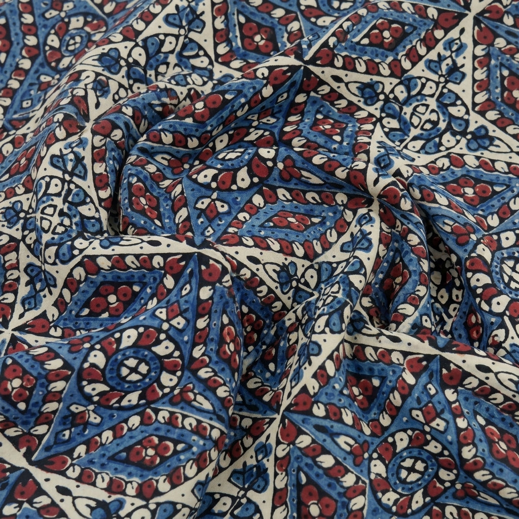 Swirled Ajrakh Cream Ajrakh Modal Silk Fabric