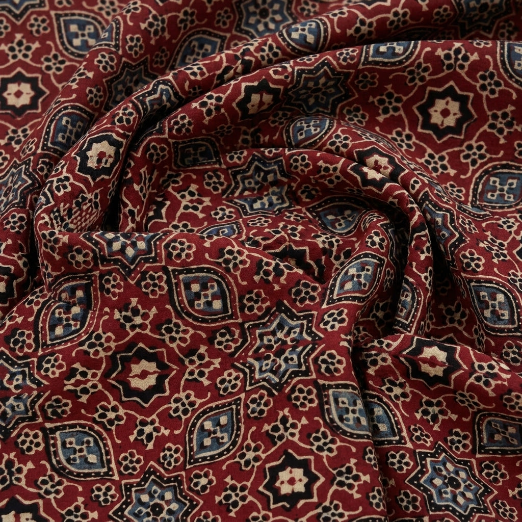 Swirled Ajrakh Maroon Ajrakh Modal Silk Fabric
