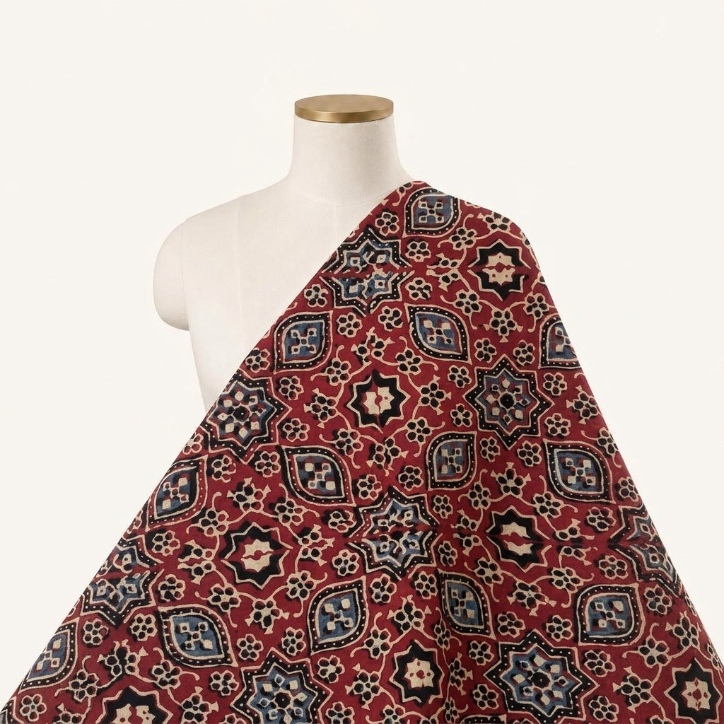 Ajrakh Maroon Ajrakh Modal Silk Fabric Draped as a saree