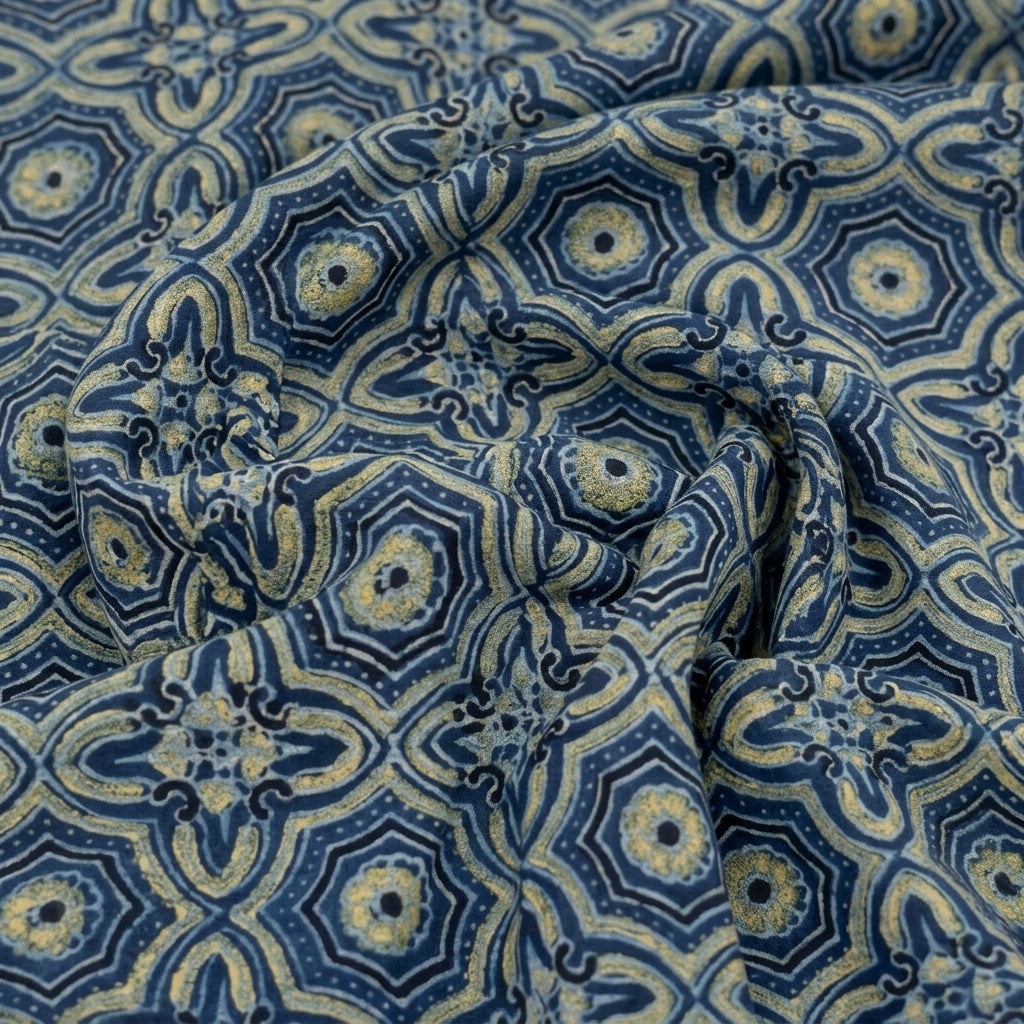 Swirled Ajrakh Indigo Ajrakh Modal Silk Fabric