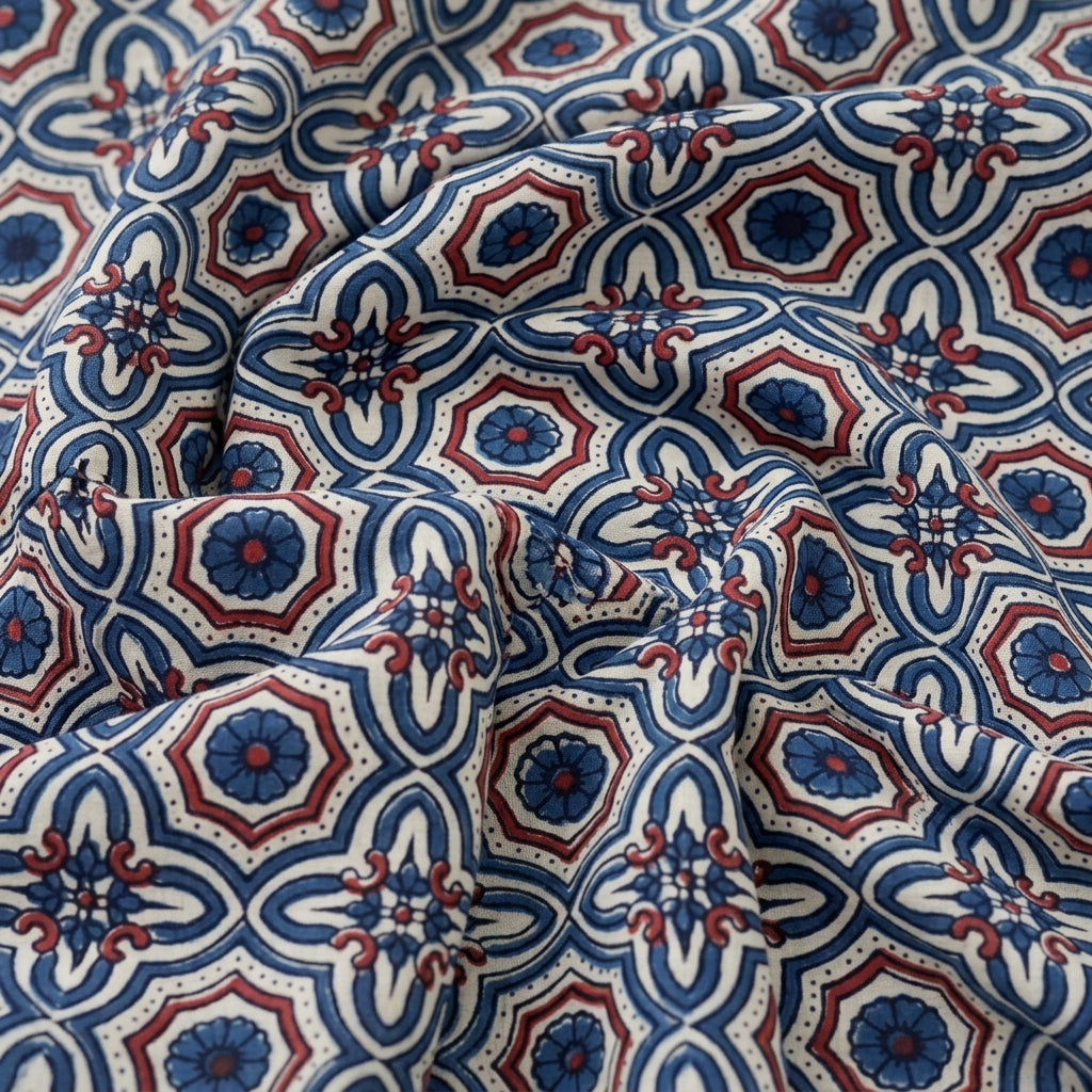 Swirled Ajrakh Cream Ajrakh Modal Silk Fabric