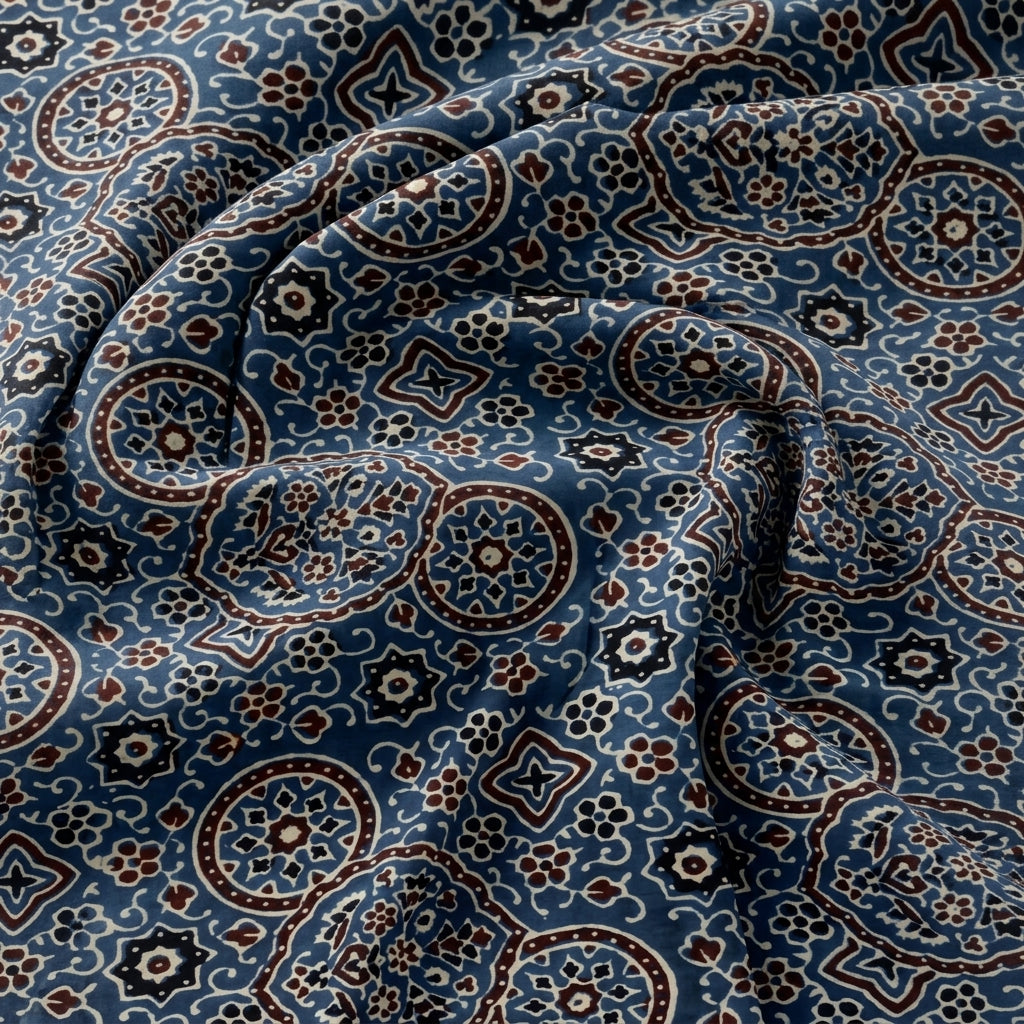 Swirled Ajrakh Indigo Ajrakh Modal Silk Fabric