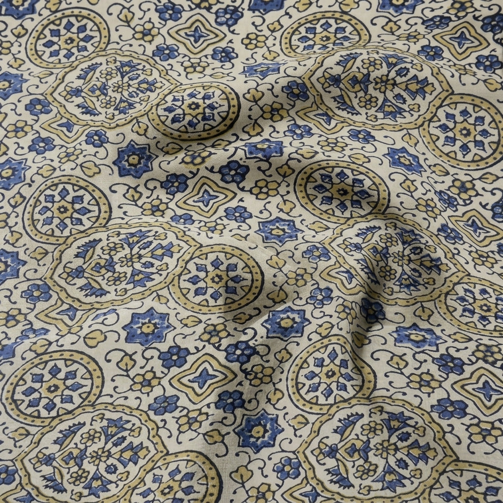 Swirled Ajrakh Cream Ajrakh Modal Silk Fabric
