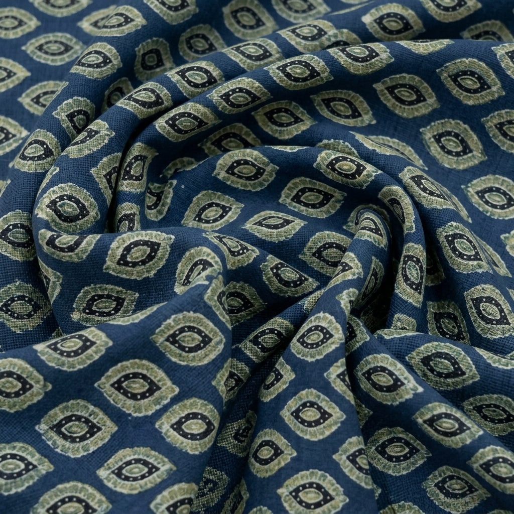 Swirled Ajrakh Indigo Ajrakh Modal Silk Fabric