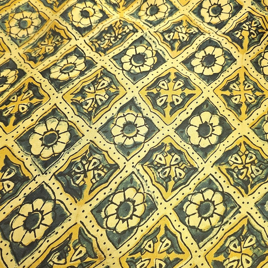 Yellow Ajrakh Modal Silk Fabric - EB13514 - EB13514 - Flat fabric
