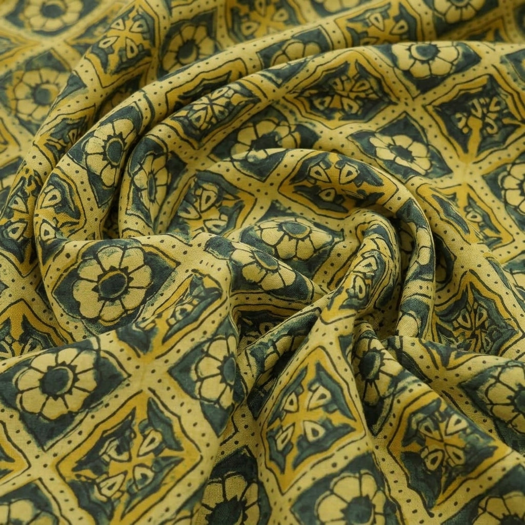 Swirled Ajrakh Yellow Ajrakh Modal Silk Fabric