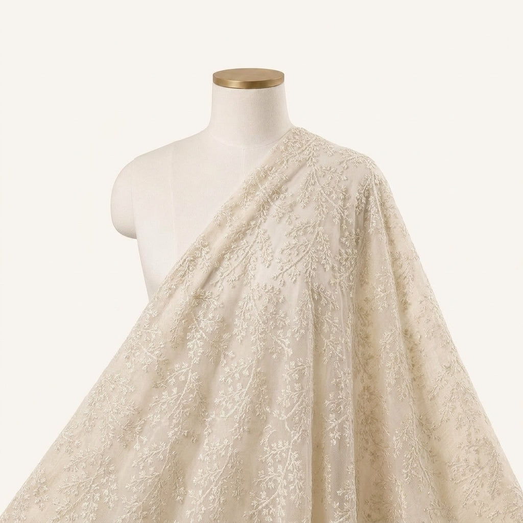 Embroidery Ivory Embroidery Net Fabric Draped as a saree
