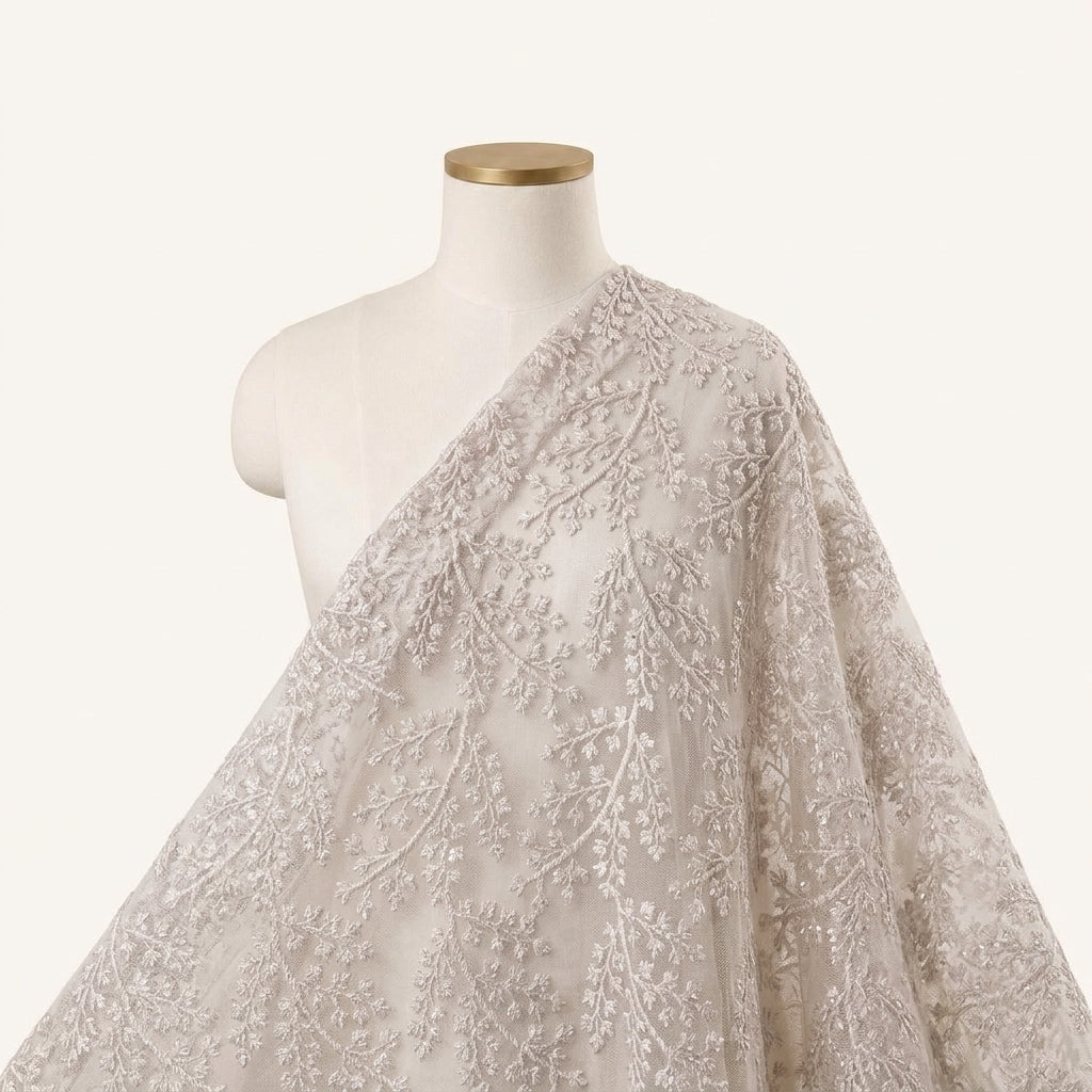 Embroidery Off White Embroidery Net Fabric Draped as a saree
