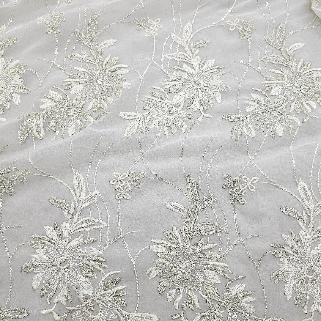 Cream Embroidery Georgette Fabric - EB13520 - EB13520 - Flat fabric